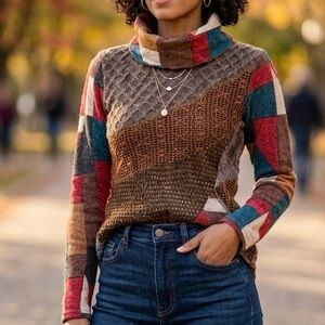 GRENIER Patchwork Cable Knit Turtleneck Sweater Multicolor Textured Boho Chic
